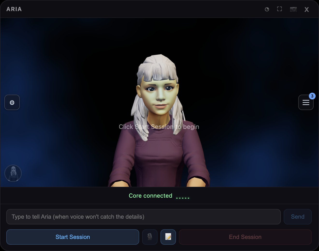 The Selam app — the on-device avatar with her ambient backdrop, ready to start